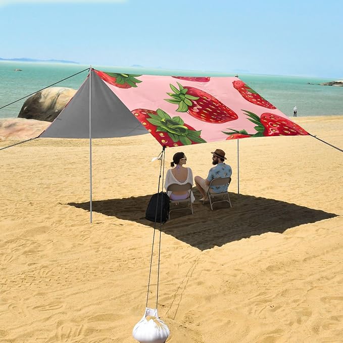 ALAZA Cute Strawberry Patterns on Bright Pink Beach Tent Sun Shelter Portable Canopy Sunshade for Outdoor Camping Picnics Backyard Fun 10x9 ft