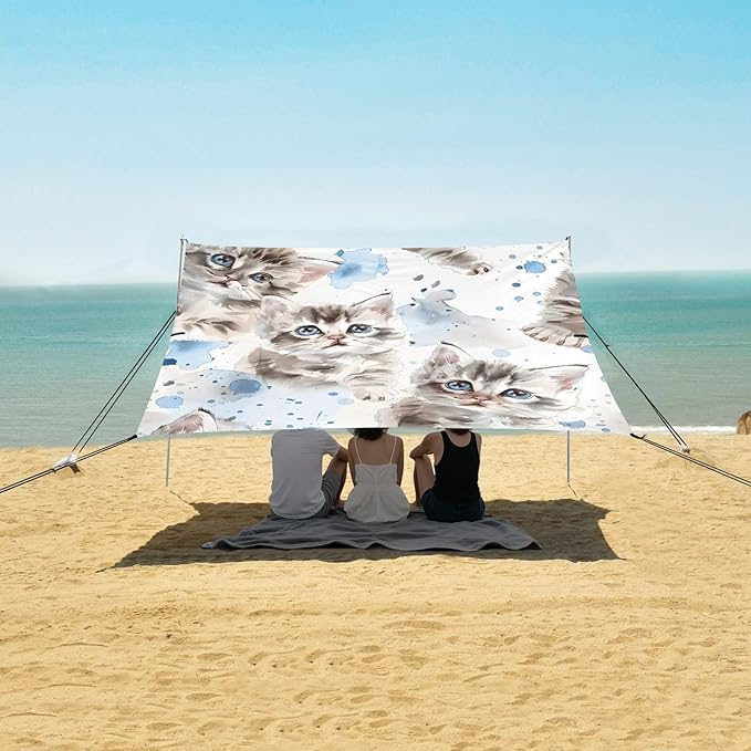 ALAZA Cute Cats Kitten Beach Tent Sun Shelter UPF50+ Protection Beach Shade Canopy w/ 4 Sandbags for Outdoor Camping Fishing Backyard Fun Picnic 10x9 ft