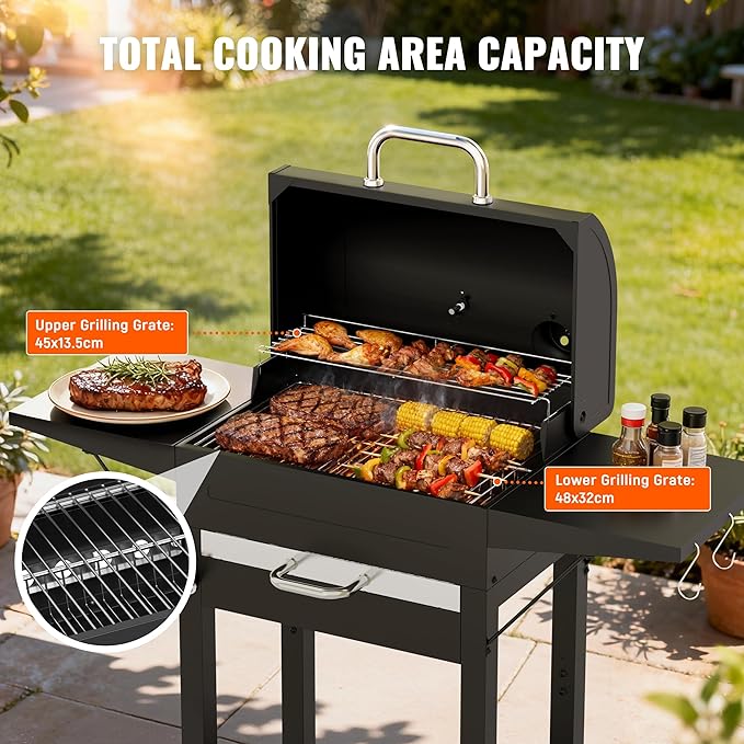 Charcoal Grills with Side Tables and Bottle Opener 20'' Smoker Barbecue BBQ Grill with 2 Wheels for Backyard Patio Camping and Parties Black