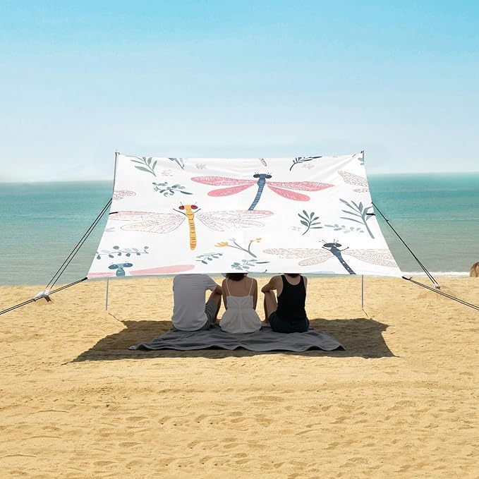 Cute Dragonfly White Stable Beach Tent UPF50 Water-Resistant Portable Sun Shelter with Sandbags &amp Sand Shovel for Family Trips Picnics &amp Camping