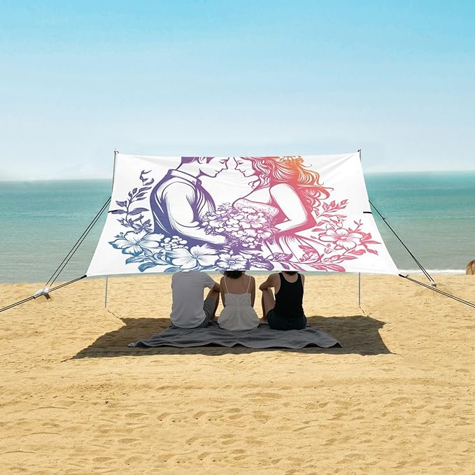 ALAZA Wedding Couple Gradient Color Beach Tent Sun Shelter UPF50+ Protection Beach Shade Canopy w/ 4 Sandbags for Outdoor Camping Fishing Backyard Fun Picnic 10x9 ft
