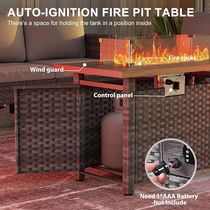 44 Fire Pit Table with Wind Guard for Outdoor Auto-Ignition Propane Gas Firepits Rattan Rectangular Table for Outside Patio 60000 BTU Gray