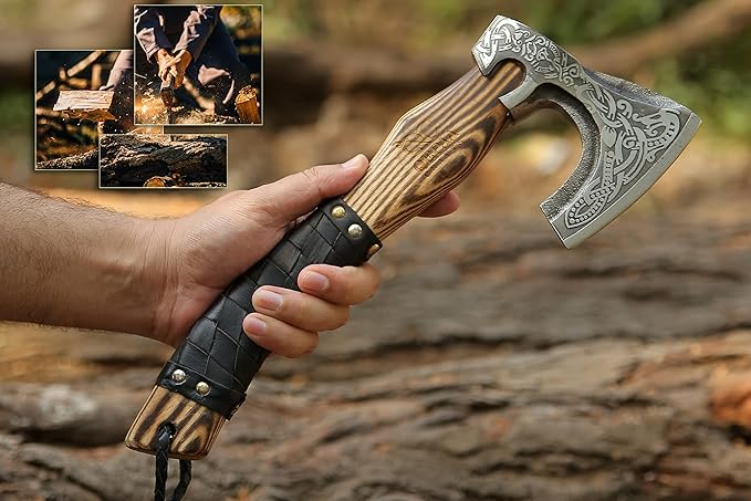 QEPAA CRAFTS® 13” Inch Hand-Forged Viking Axe-Rosewood Handle Hatchets and Axes Wood Splitting Axe Camping AxeViking Gift for Men (Medieval)