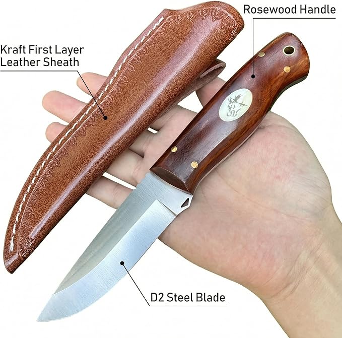 3.54 inches Bowie Knife Full-tang D2 Steel Fixed Blade Rosewood Handle Hunting Knife with Leather for Camping Hiking Survival