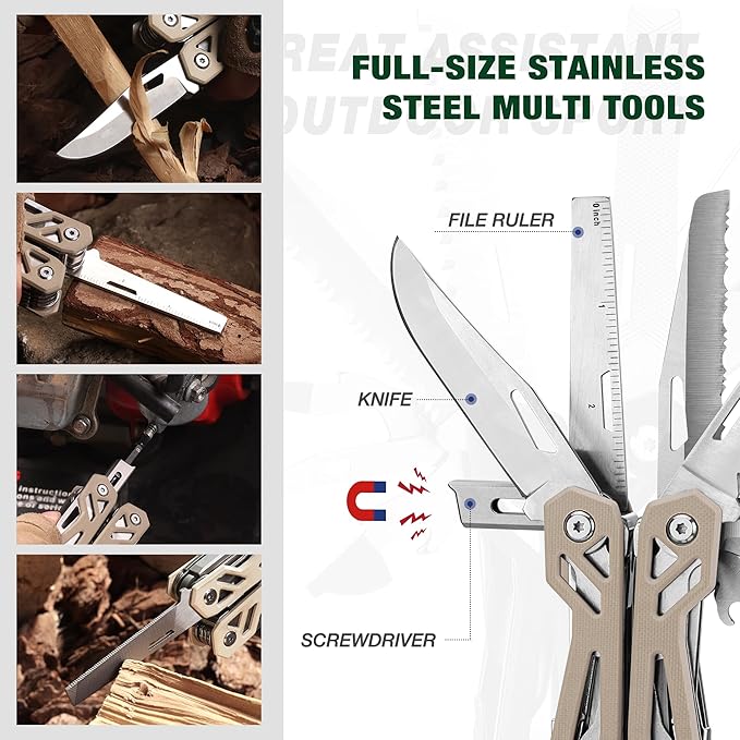 MOSSY OAK Multitool 22-in-1 Stainless Steel Pliers with Screwdriver Sleeve Desert Steel Handle Self-locking Knife with Sheath-Perfect for Outdoor Survival Camping Hiking Simple Repair