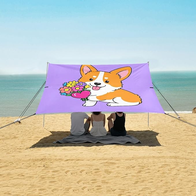 ALAZA Cute Corgi Dog Puppy Beach Tent Sun Shelter UPF50+ Protection Beach Shade Canopy w/ 4 Sandbags for Outdoor Camping Fishing Backyard Fun Picnic 10x9 ft