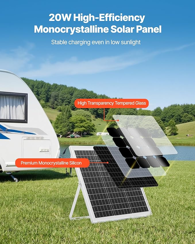 VEVOR 20W 12V Solar Panel Battery Charger Solar Battery Trickle Charger Maintainer with Intelligent MPPT Controller &amp Adjustable Mount Bracket IP67 Waterproof for Car Boat RV Motorcycle Trailer