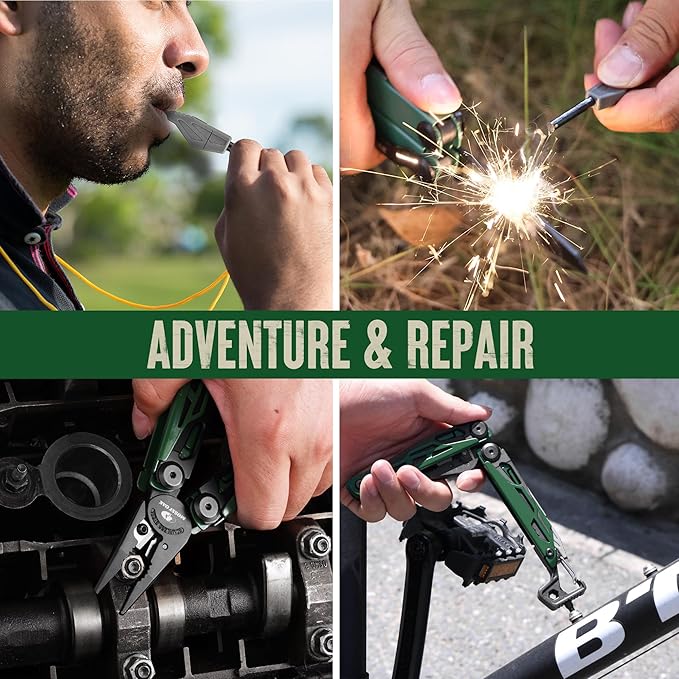 MOSSY OAK CNC-Machined Multitool Pliers 27-in-1 Multi Tool with Pocket Knife Fire Starter &amp Whistle Bottle Opener Screwdriver – Self-Locking Survival Tool for Camping &amp Hiking