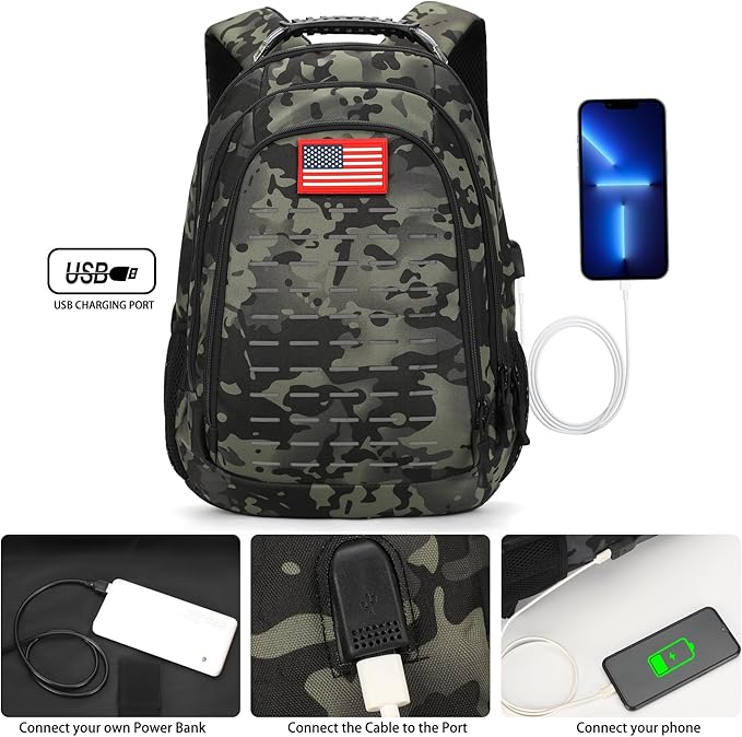 Camo BackpackSmall Tactical Backpack for outdoorMilitary Teen Boys Backpacks for School with USB Charging Port40L