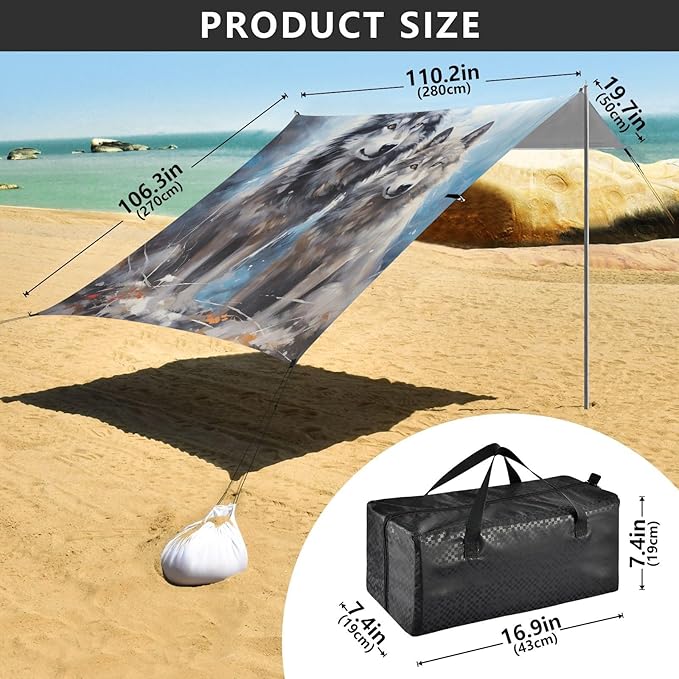 ALAZA Snow Two Wolf Huge Beach Tent Sun Shelter Portable Canopy Sunshade for Outdoor Camping Picnics Backyard Fun 10x9 ft