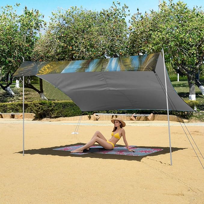Summer Palm Trees Beach Tent Sun Shelter Set UPF50+ UV Protection 10.5 x 9.19 FT Camping Shade Canopy with Sandbags Sand Anchors Carrying Bag and Others