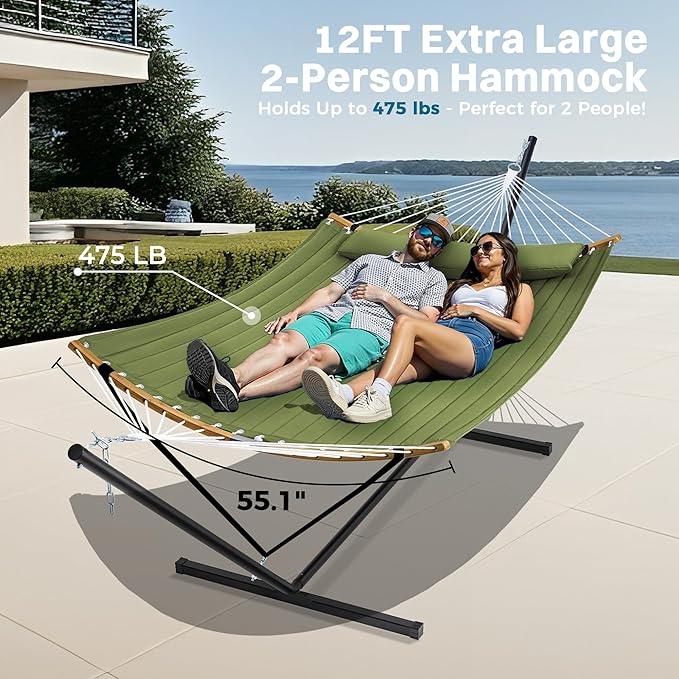 SUPERJARE Curved-Bar Hammock with Stand 2 Person Heavy Duty Hammock Frame Detachable Pillow &amp Portable Carrying Bag Perfect for Outdoor &amp Indoor Spring Green