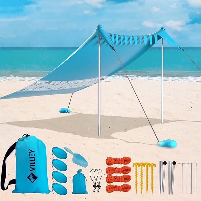 Villey Beach Tent Sun Shelter with UPF50+ Protection 8×7FT Portable Sun Shade with 2 Stability Poles 8 Ground Pegs 4 Sandbags and Sand Shovel Outdoor Beach Canopy for Camping Trips Picnics