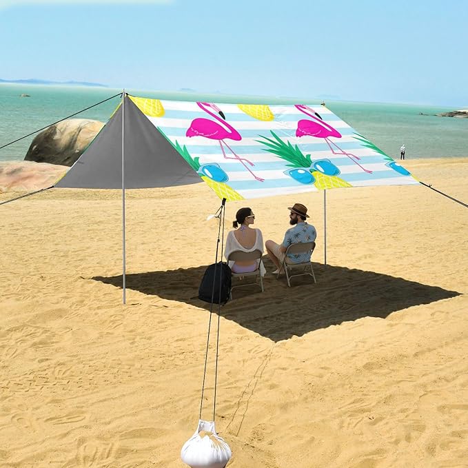 xigua Flamingos Beach Tent Sun Shelter with Carrying Bag - Silver Coated Oxford Fabric Beach Canopy for Beach Camping Fishing - Includes Windproof Ropes Sandbags &amp Stakes