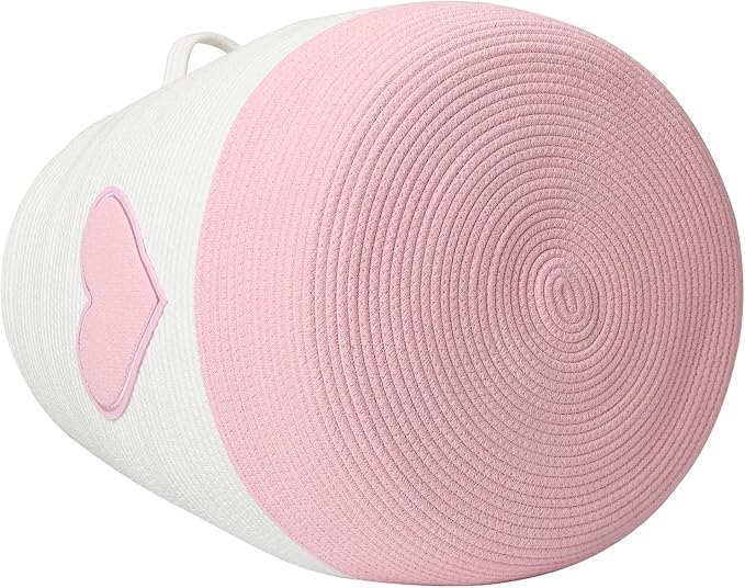 Cottonphant 20 x 20 Extra Large Cotton Rope Storage Basket with Lid – Flagon Design – Perfect for Clothes Blankets and Living Room Organization (Pink Heart 20x20)