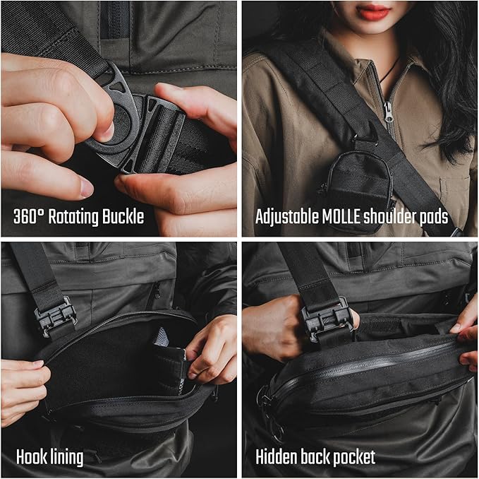 TACTICAL_GEEK Cache L3 EDC Sling Bag Chest Lightweight Shoulder Daypack 500D Nylon Travel Hiking Concealed Carry Crossbody Bag Tactical Backpack Hiking Ambidextrous Strap Black