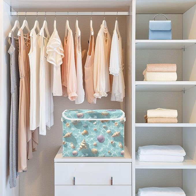 Blue Sea Shell Summer Collapsible Storage Bins with Lids Decorative Fabric Cubes Closet Organizer Basket Boxes Containers for Clothes Box Chest Folding Rectangle