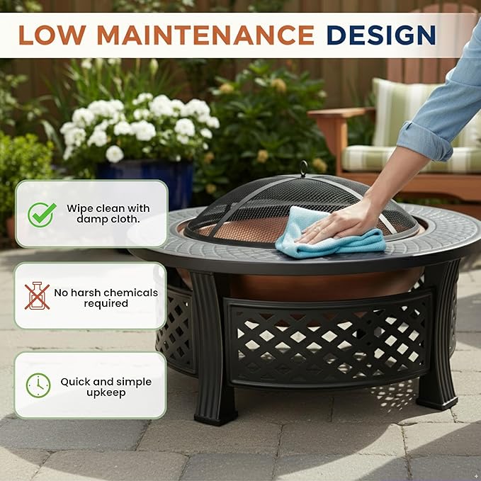 Fire Pit - 32-Inch Outdoor Fireplace with Spark Screen Poker and Cover - Wood-Burning Fire Pit for Yard Patio or Camping by Pure Garden (Bronze)
