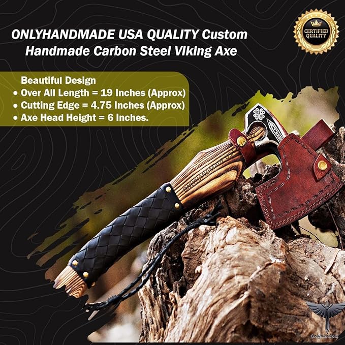 Custom Gift Forged Carbon Steel Viking Axe with Rose Wood Shaft Viking Bearded Camping Axe &amp Hatchet Best Birthday Gift for Him 18 Inches (Valhalla Axe)