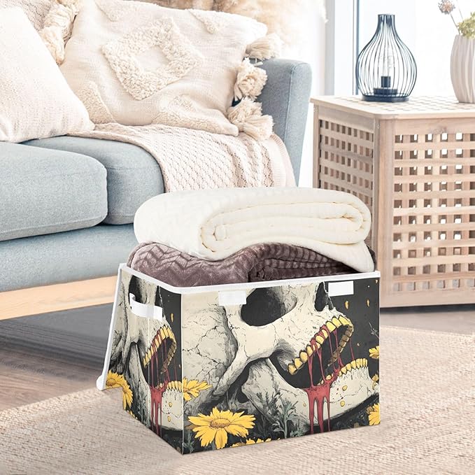 Storage Cube with Lid Horror Skull Print 16.5×12.6×11.8 IN Collapsible Large Capacity Foldable Storage Basket Bin Organizer