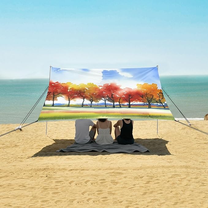 Beach Canopy with Windproof Ropes &amp Sandbags Beach Tent Sun Shade Sun Shelter for Camping Trips Fishing Backyard Fun or Picnics Autumn Landscape