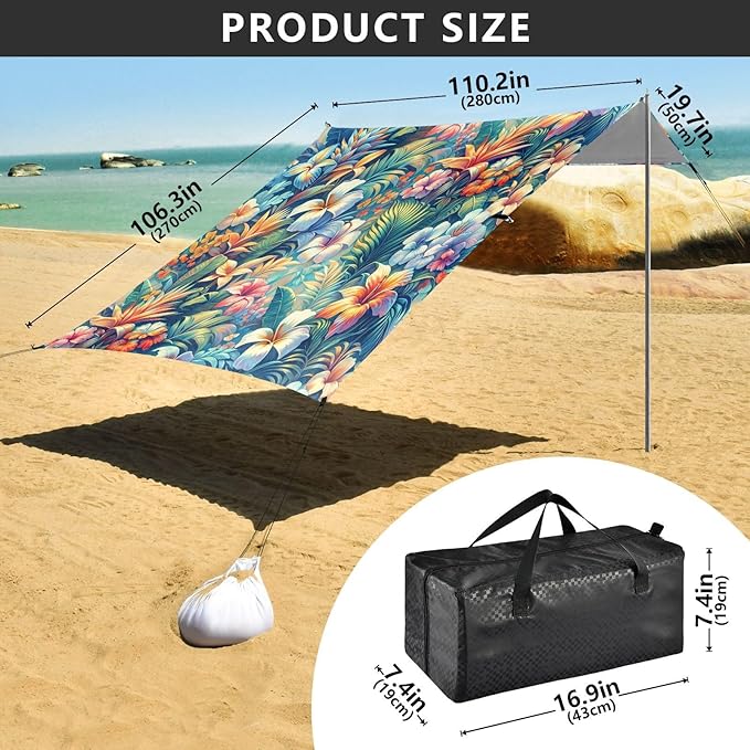 Spring Artistic Flowers Beach Tent Sun Shelter Set UPF50+ UV Protection 10.5 x 9.19 FT Camping Shade Canopy with Sandbags Sand Anchors Carrying Bag and Others