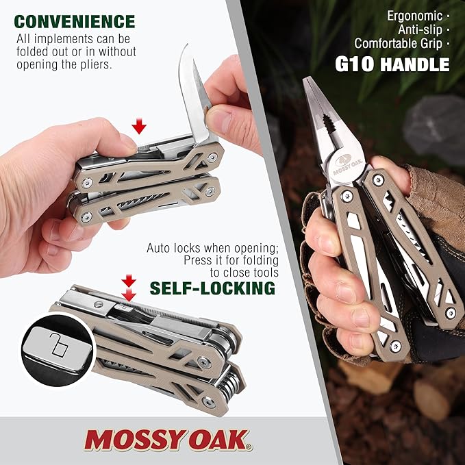 MOSSY OAK Multitool 22-in-1 Stainless Steel Pliers with Screwdriver Sleeve Desert Steel Handle Self-locking Knife with Sheath-Perfect for Outdoor Survival Camping Hiking Simple Repair