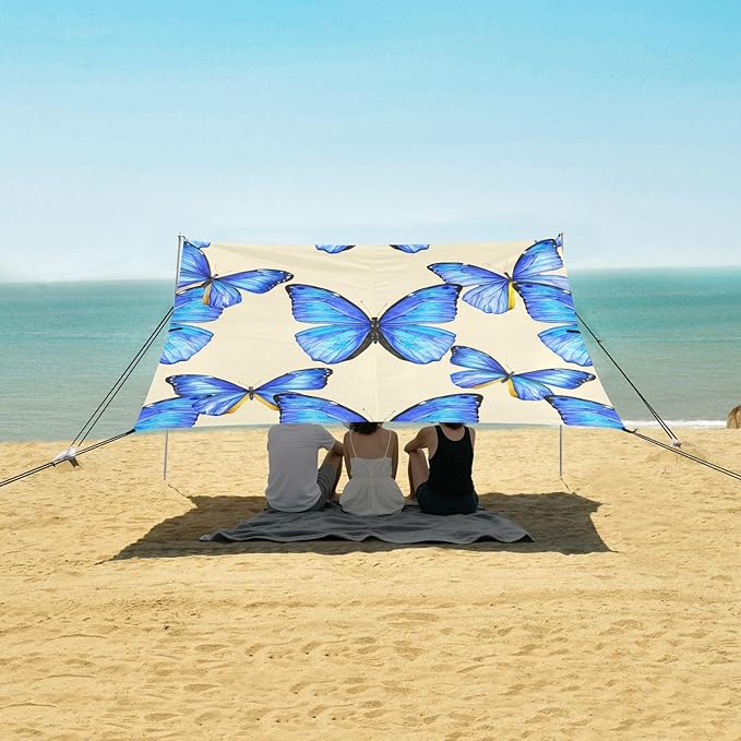 Beach Canopy with Windproof Ropes &amp Sandbags Beach Tent Sun Shade Sun Shelter for Camping Trips Fishing Backyard Fun or Picnics Butterfly