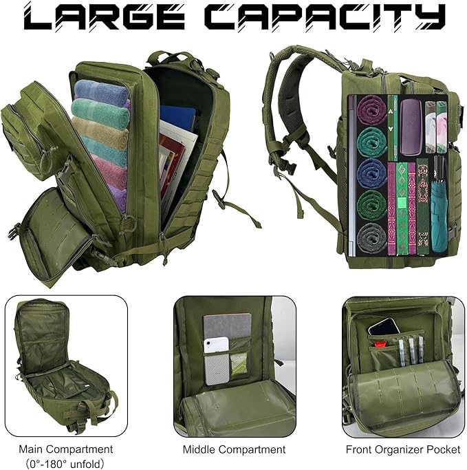 WOLT Military Tactical Backpack for Men 45L Molle Backpack 3 Day Assault Pack Bug Out Bag Heavy Duty Rucksack for Hiking Gym(Army Green)
