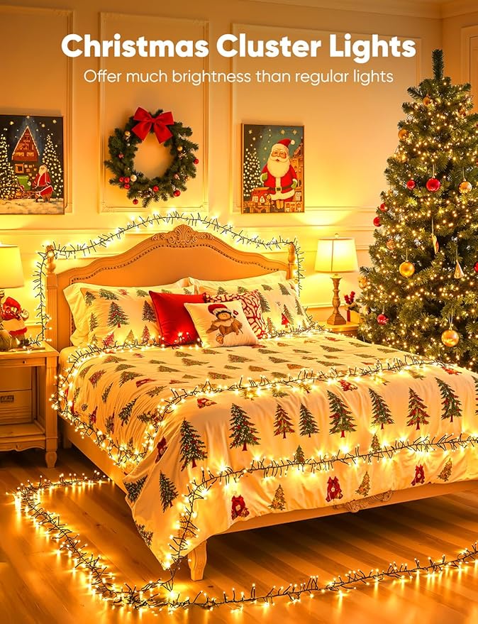 Minetom Battery Operated Christmas Lights Outdoor 4 Pack 10Ft 120 LED Battery Powered Christmas Tree Lights Firecracker Cluster Waterproof Twinkle Lights for Indoor Wreath Xmas Tree