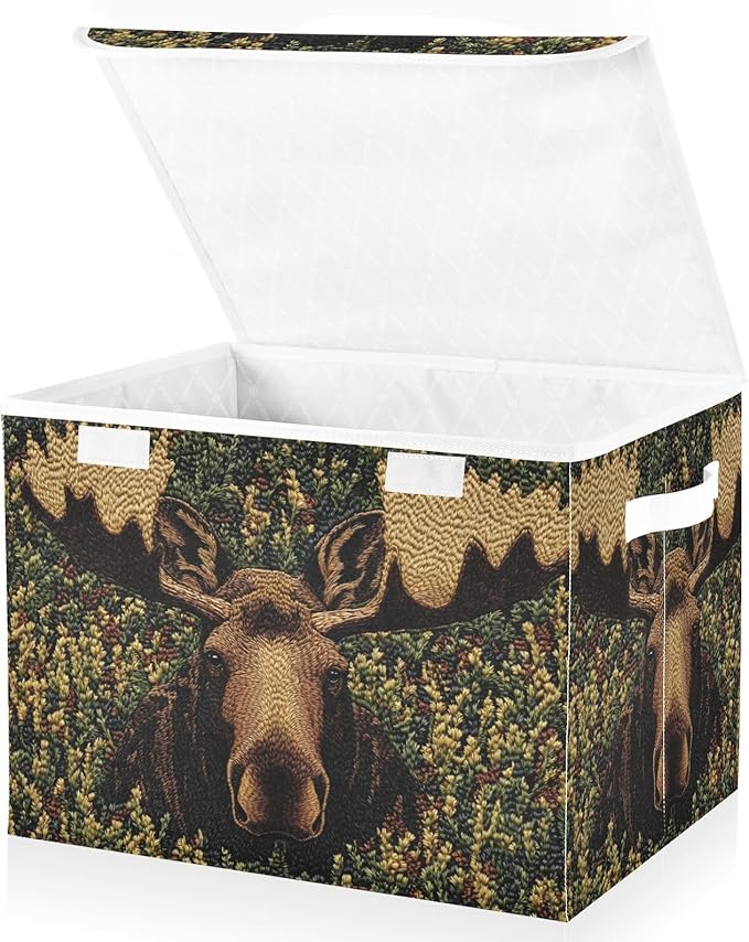 Storage Cube with Lid Moos in Bush Print 16.5×12.6×11.8 IN Collapsible Large Capacity Foldable Storage Basket Bin Organizer