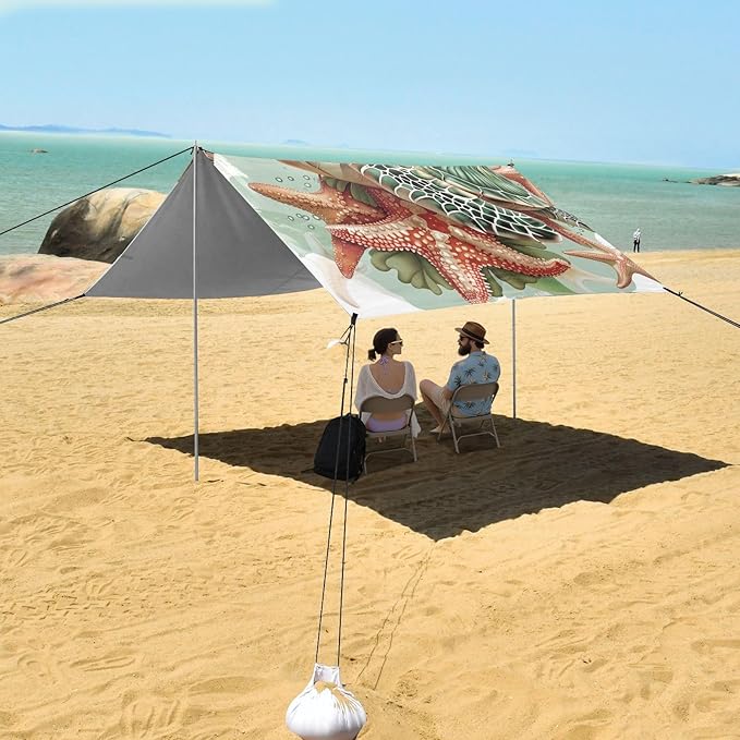 ALAZA Sea Turtle Shells Starfish Beach Tent Sun Shelter Portable Canopy Sunshade for Outdoor Camping Picnics Backyard Fun 10x9 ft