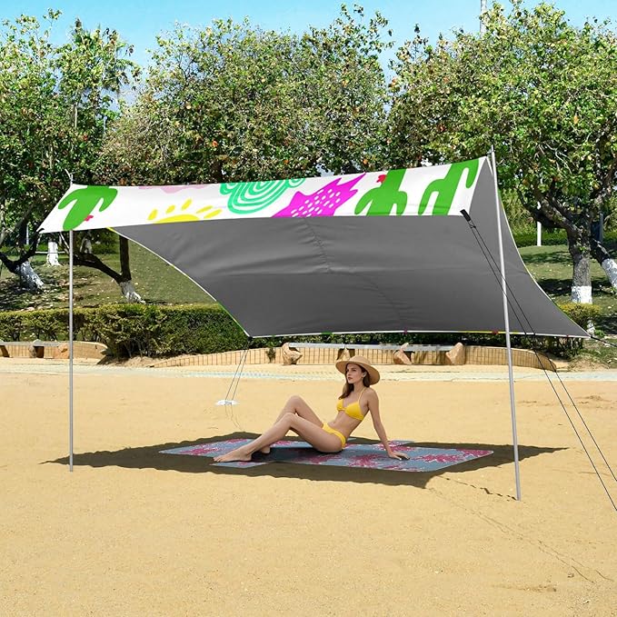 xigua Crocodiles Beach Tent Sun Shelter with Carrying Bag - Silver Coated Oxford Fabric Beach Canopy for Beach Camping Fishing - Includes Windproof Ropes Sandbags &amp Stakes