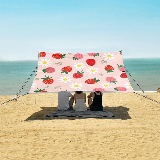 xigua Strawberry Beach Tent Sun Shelter with Carrying Bag - Silver Coated Oxford Fabric Beach Canopy for Beach Camping Fishing - Includes Windproof Ropes Sandbags &amp Stakes