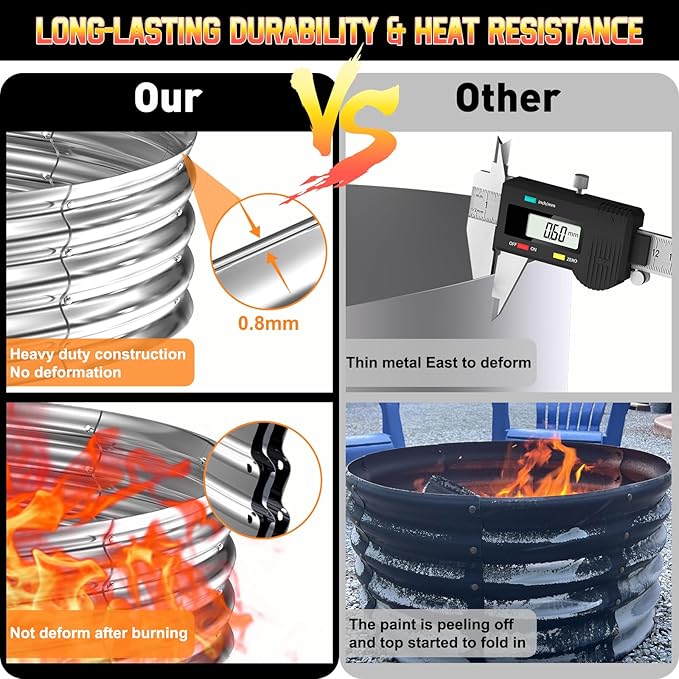 60 Inch Fire Pit Ring 5FT Galvanized Steel 12 Raised Heavy Duty Wood Burning Fire Pits&ampOutdoor Fireplace Heat Resistant Campfire Ring with Spark Guard for Outdoor Backyard Patio &amp Camping