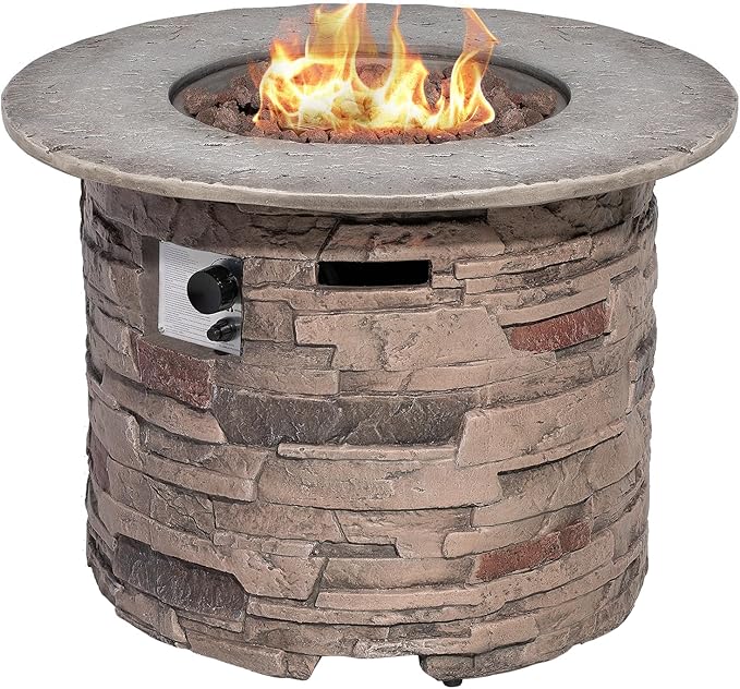 HOMPUS Outdoor Propane Fire Table 32-inch Imitation Stone Concrete with Rain Cover and Lava Rocks - Smokeless 40000 BTU for Patio Garden Deck or Backyard