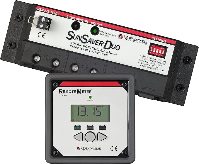 Morningstar SunSaver Duo 25A PWM Solar Charge Controller (SSD-25) - Solar Panel Regulator for Two 12V Batteries Adjustable Charge Settings Great for RVs/Boats 5 Year WTY - Designed in The USA