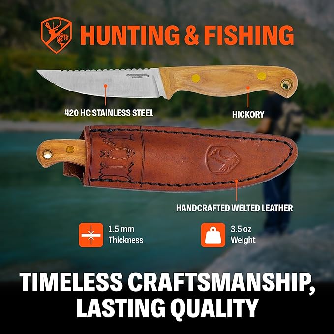 Condor Tool &amp Knife Trelken Fixed Blade Hunting Knife - 420HC Stainless Steel - Hickory Handle - Hand Crafted Welted Leather Sheath - 3.5in Blade - 3.5oz (1.5mm)