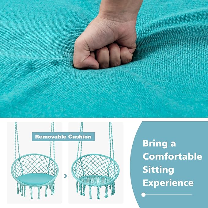 Giantex Hammock Chair Macrame Swing - Hanging with Cushion and Hardware Kit 330 LBS Weight Capacity Indoor for Stand Patio Balcony Living Room (Turquoise) (GT10698-NPTU)
