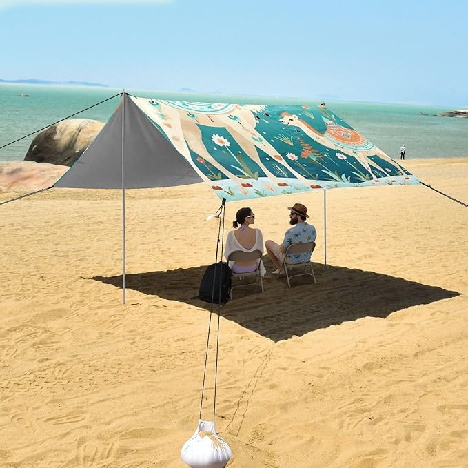 Green Camel Flower Stable Beach Tent UPF50+ Water-Resistant Large Sun Shelter with Sand Pockets for Camping Picnics Backyard &amp Fishing