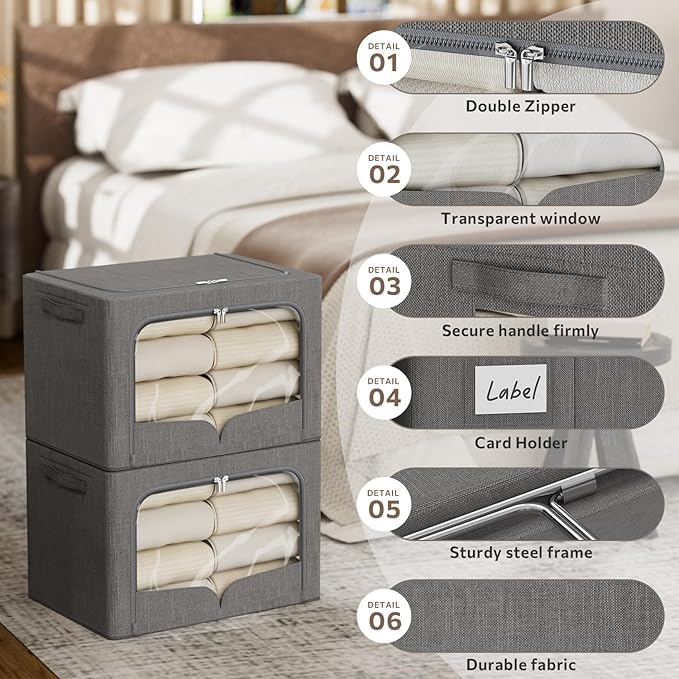FHSQX 3 Pack Clothes Storage Bins - Foldable Metal Frame Storage Box - Stackable Linen Fabric Container Organizer Set with Carrying Handles and Clear Window (Dark Gray 19.7x15.7x13inch(66L))