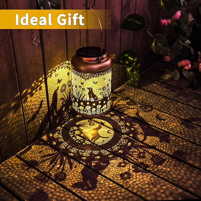 2Pack Dog Solar Lanterns Outdoor Waterproof Garden Decor Solar Lights Birthday Gifts for Women Mom Grandma Hanging Lantern LED Light Metal Dog Decoration Outside for YardLawnPorchPatioTabletop