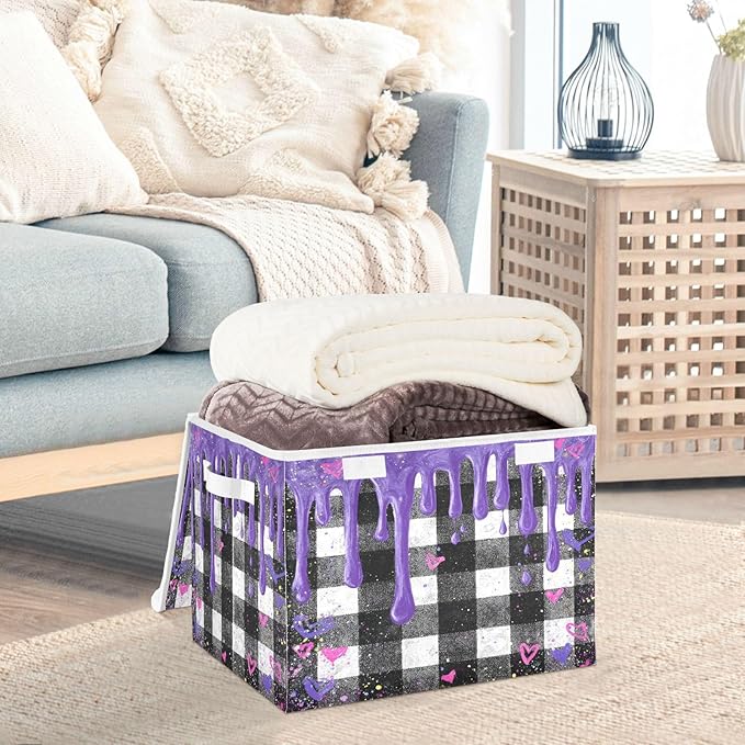 Storage Bins With Lid Stackable Fabric Closet Organizer Clothing Storage Large Boxes For Closet Shelves Bedroom Ice Cream Melting Checkered Hearts