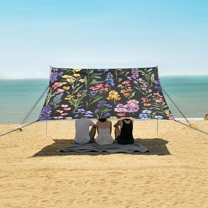Retro Flowers Beach Tent UPF50+ Protection Easy Setup Portable Sun Shelter Includes Sand Shovel Sandbags Stability Poles for Camping Trips Fishing Backyard Fun or Picnics
