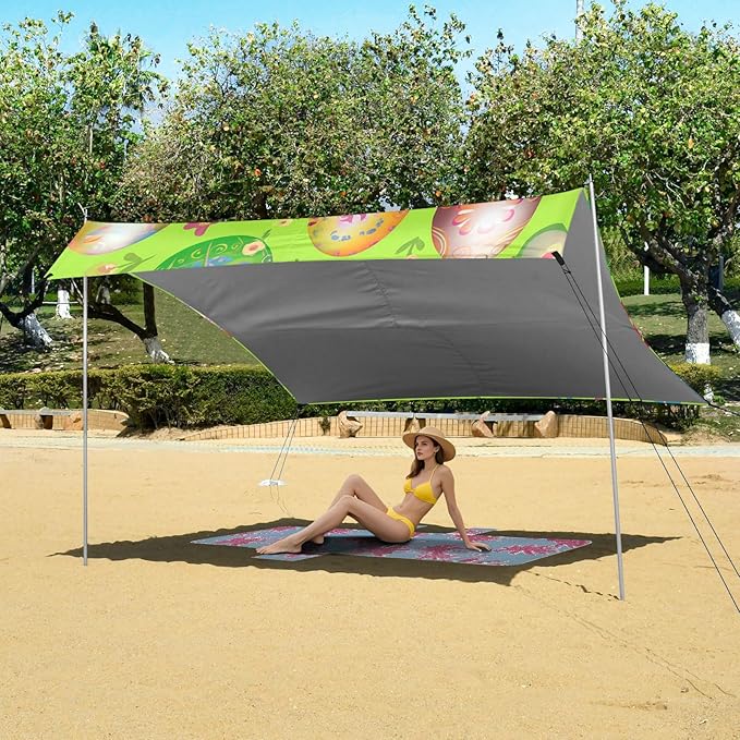Beach Canopy with Windproof Ropes &amp Sandbags Beach Tent Sun Shade Sun Shelter for Camping Trips Fishing Backyard Fun or Picnics Easter Egg
