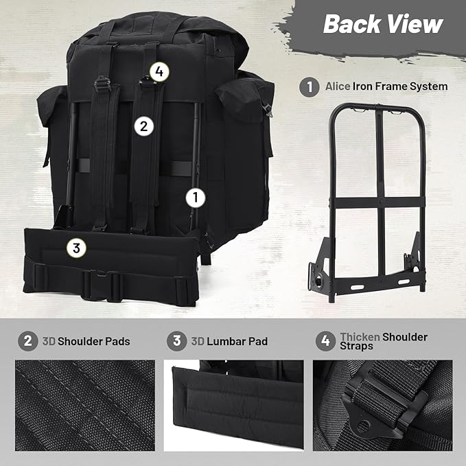 50L Military Alice Pack Army Survival Combat ALICE Rucksack Backpack for Men &amp Women for Camping Hiking Emergency Black
