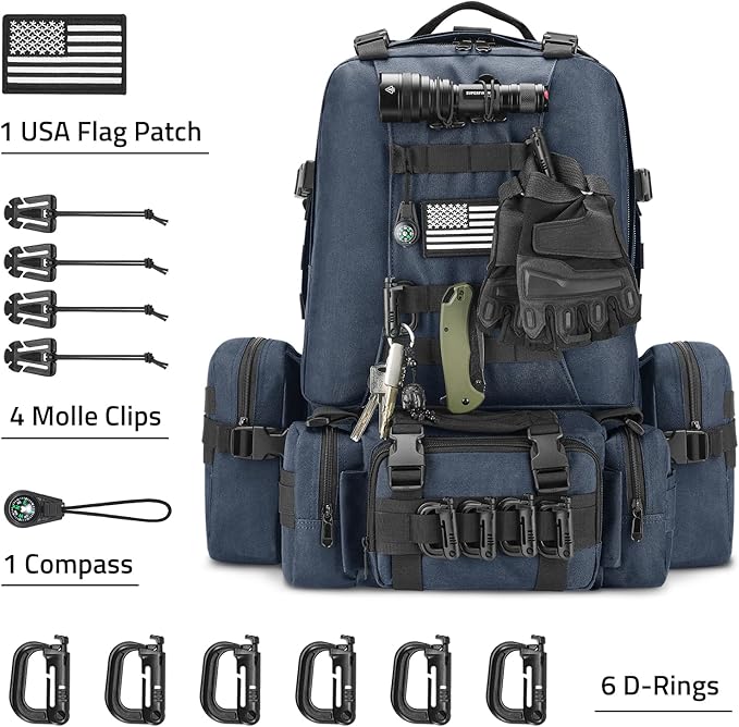 CVLIFE 60L Tactical Backpack for Men Women Military Large Army Rucksack With D-Ring Molle Clips Compass Accessories 3 Day Bug Out Survival Molle Bag Hiking Camping Gym Daypack Backpack Blue