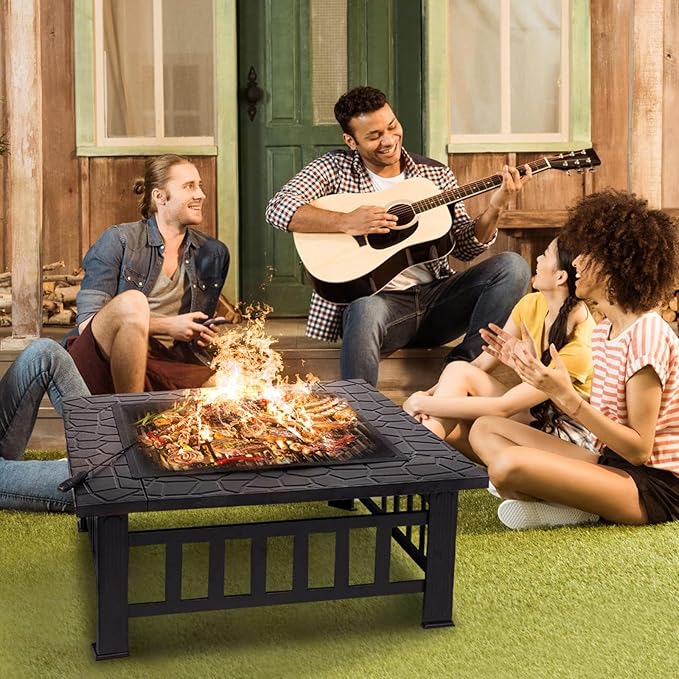 SINGLYFIRE 32 Inch Fire Pit Table for Outside Square Metal Firepit Outdoor Wood Burning Large Steel Bonfire Pit for Patio Backyard Garden with Spark ScreenLog GratePoker