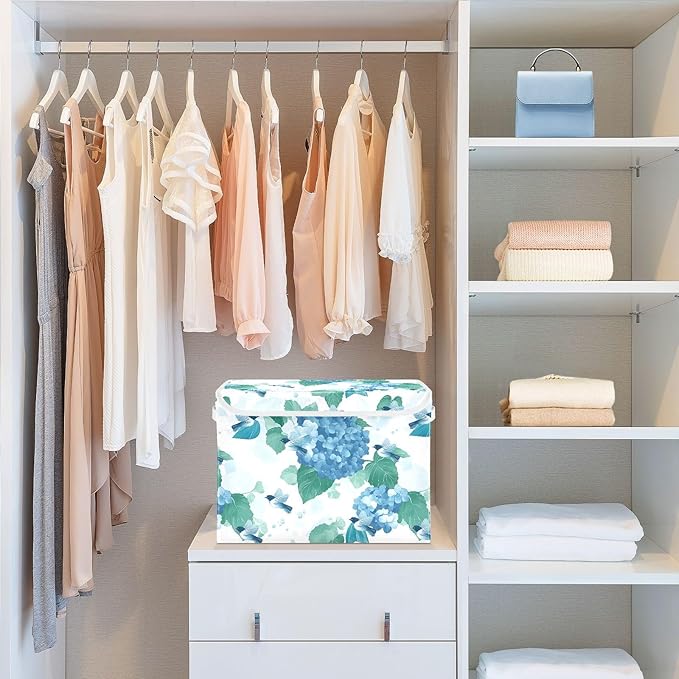 ALAZA Hydrangea Flower Bird Storage Bins Organizer Box Baskets Lidded Clothes for Shelves Closet Collapsible Stackable Storage Cubes Handles