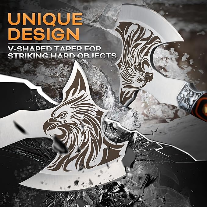 TIVOLI Camping Axe Eagle - Patterned Survival Hatchet with Nylon Sheath High Carbon Steel Blade Compact Outdoor Bushcraft Axe with Ergonomic Wood Grip Camping Gear for Hiking Chopping Hunting